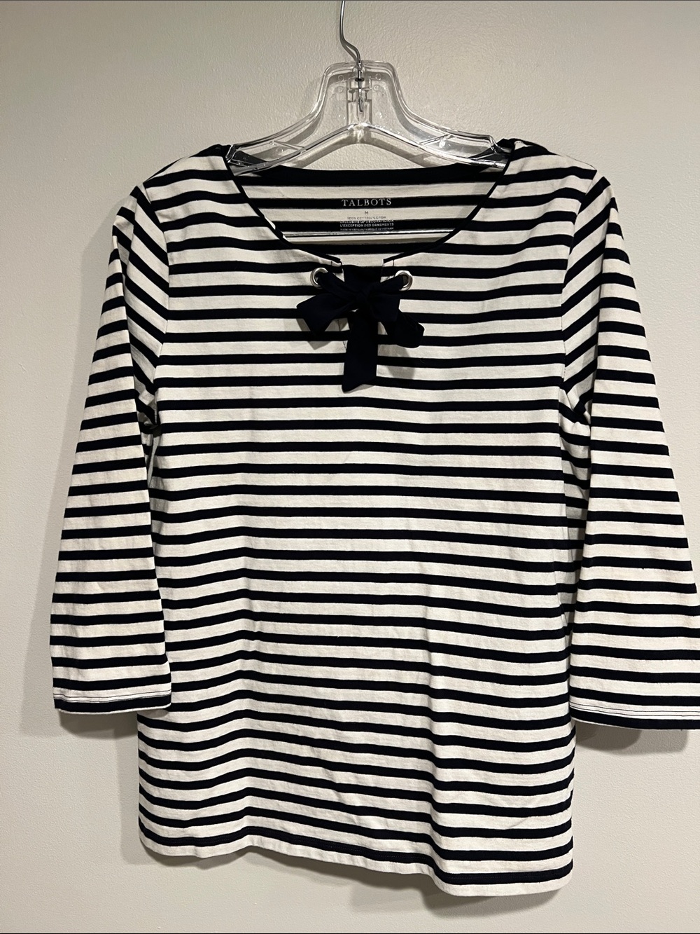 Talbots Navy & White Striped Tie-Neck Long Sleeve Top